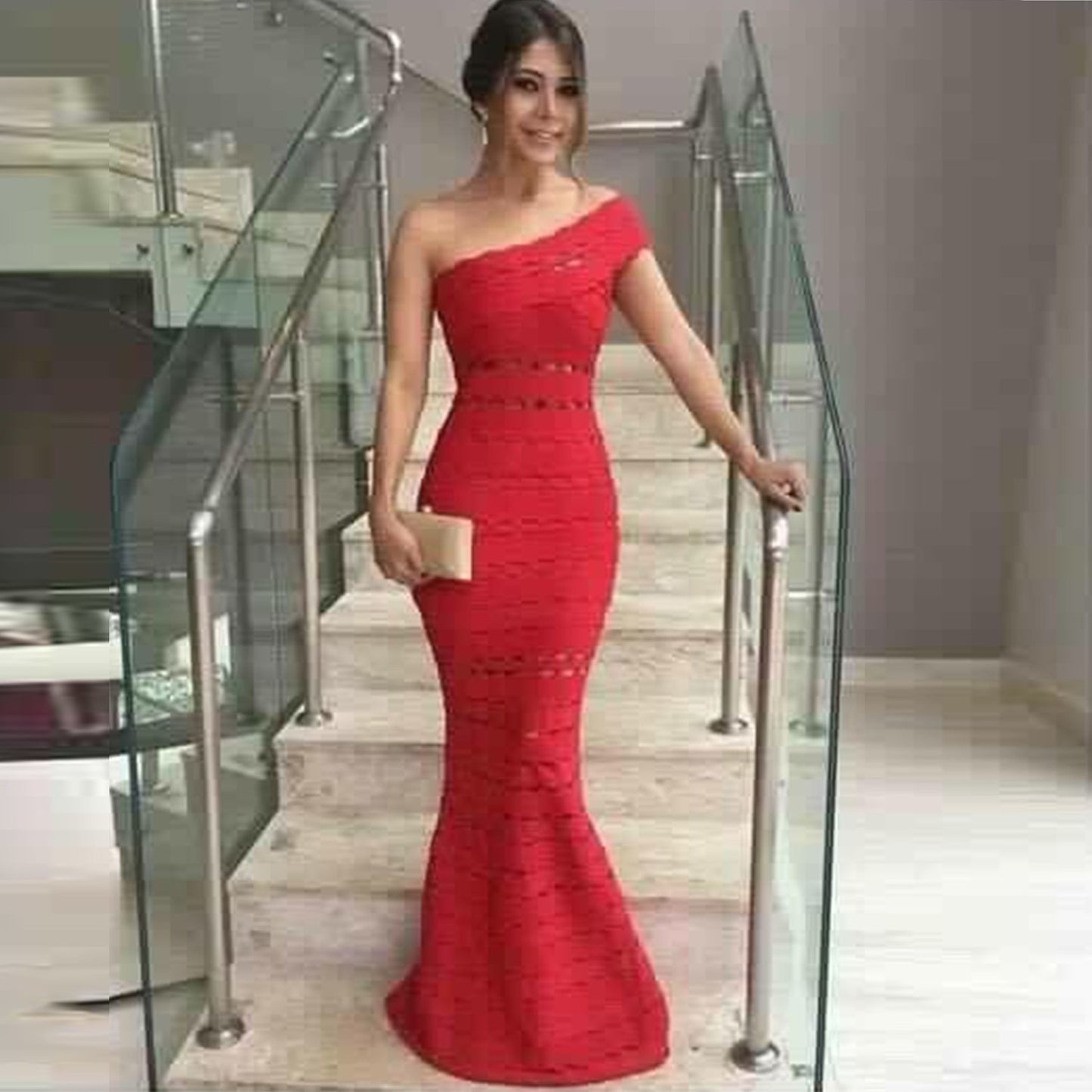 Winnal bardot Party One Shoulder Fishtail Hollow Maxi Bodycon Dress