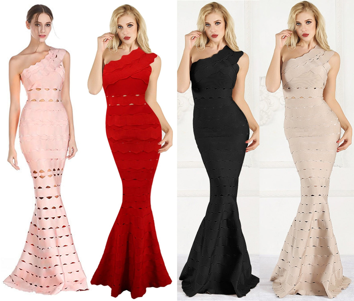 Winnal bardot Party One Shoulder Fishtail Hollow Maxi Bodycon Dress