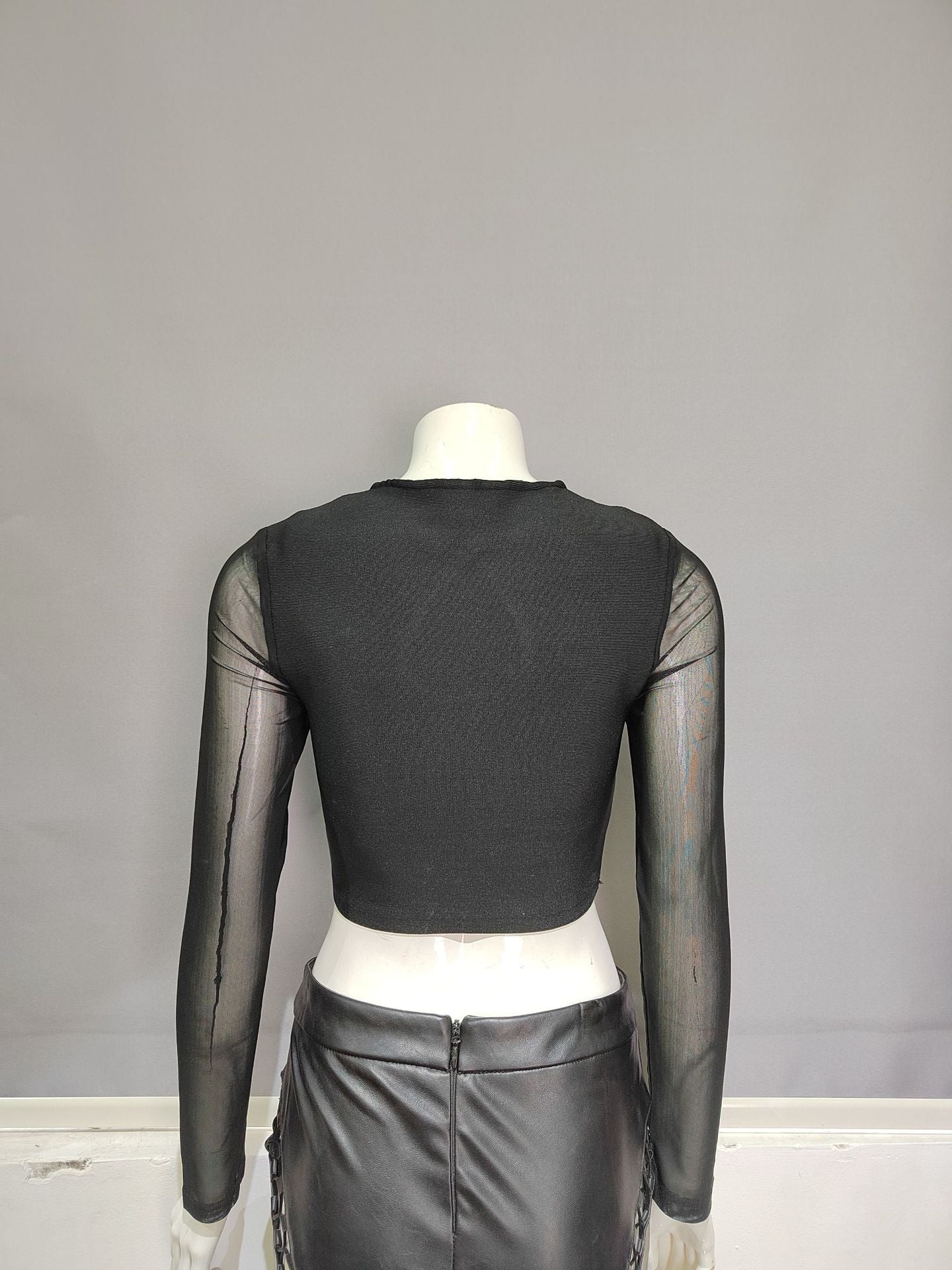 Winnal Black Long Mesh Sleeve Bandage Tops