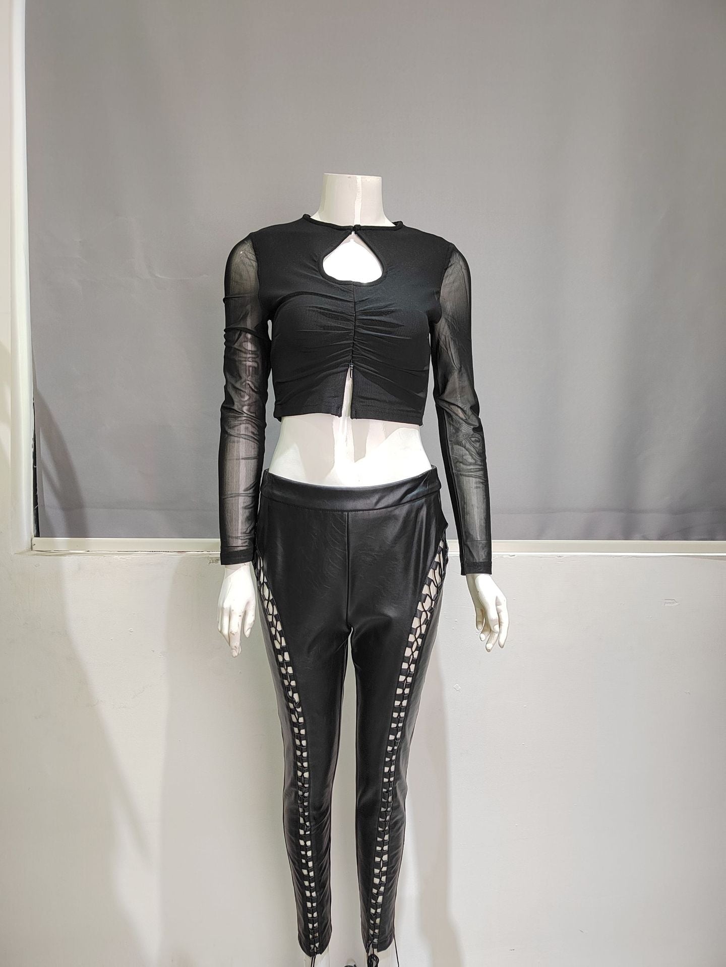 Winnal Black Long Mesh Sleeve Bandage Tops