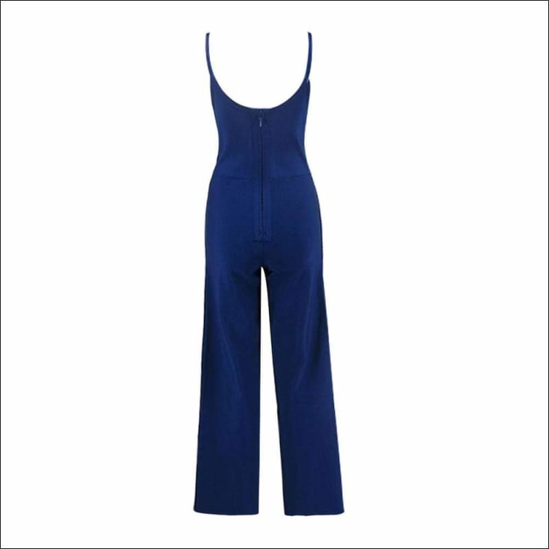 Winnal Blue Sexy Jumpsuit Sleeveless V Neck Studded Flared Pants Back Zip