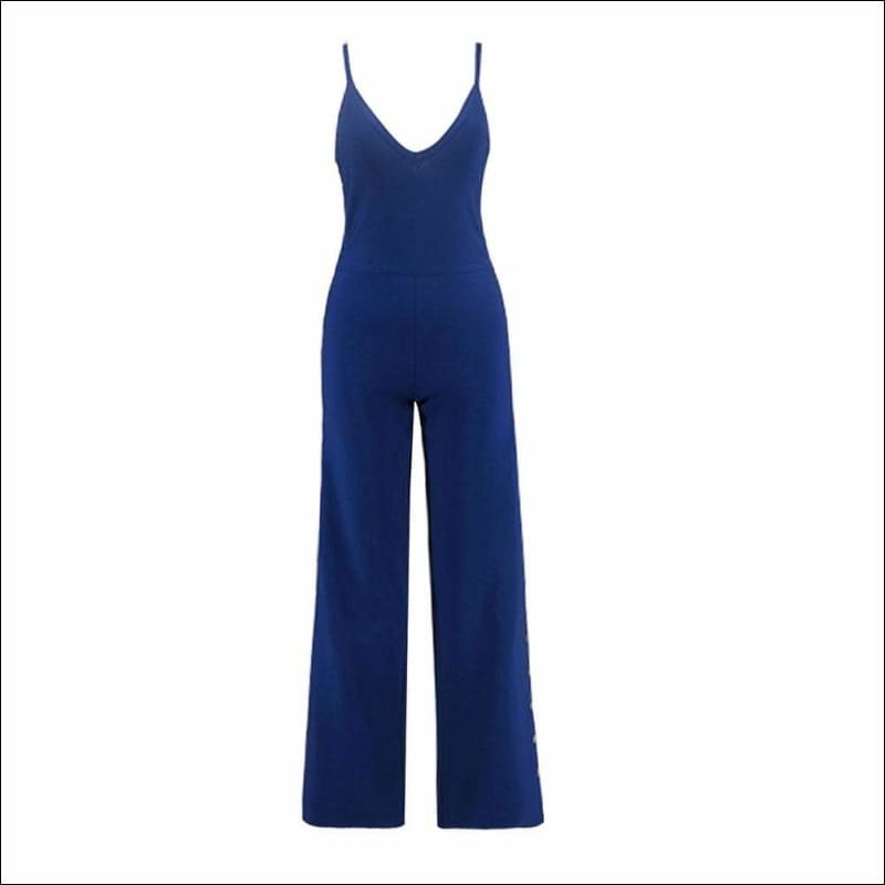 Winnal Blue Sexy Jumpsuit Sleeveless V Neck Studded Flared Pants Back Zip
