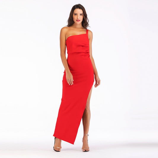 Winnal Celebrity Party Bandage Dress Women Red Sleeveless One-Shoulder Sexy Split Maxi Long Vestidos