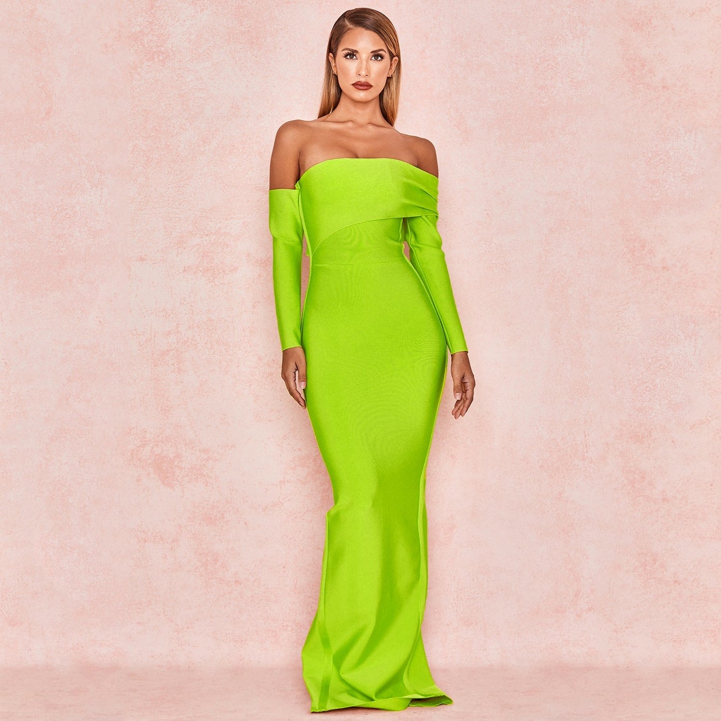 Winnal Fluorescent green off shoulder long sleeves backless bandage skirt back split banquet evening dress