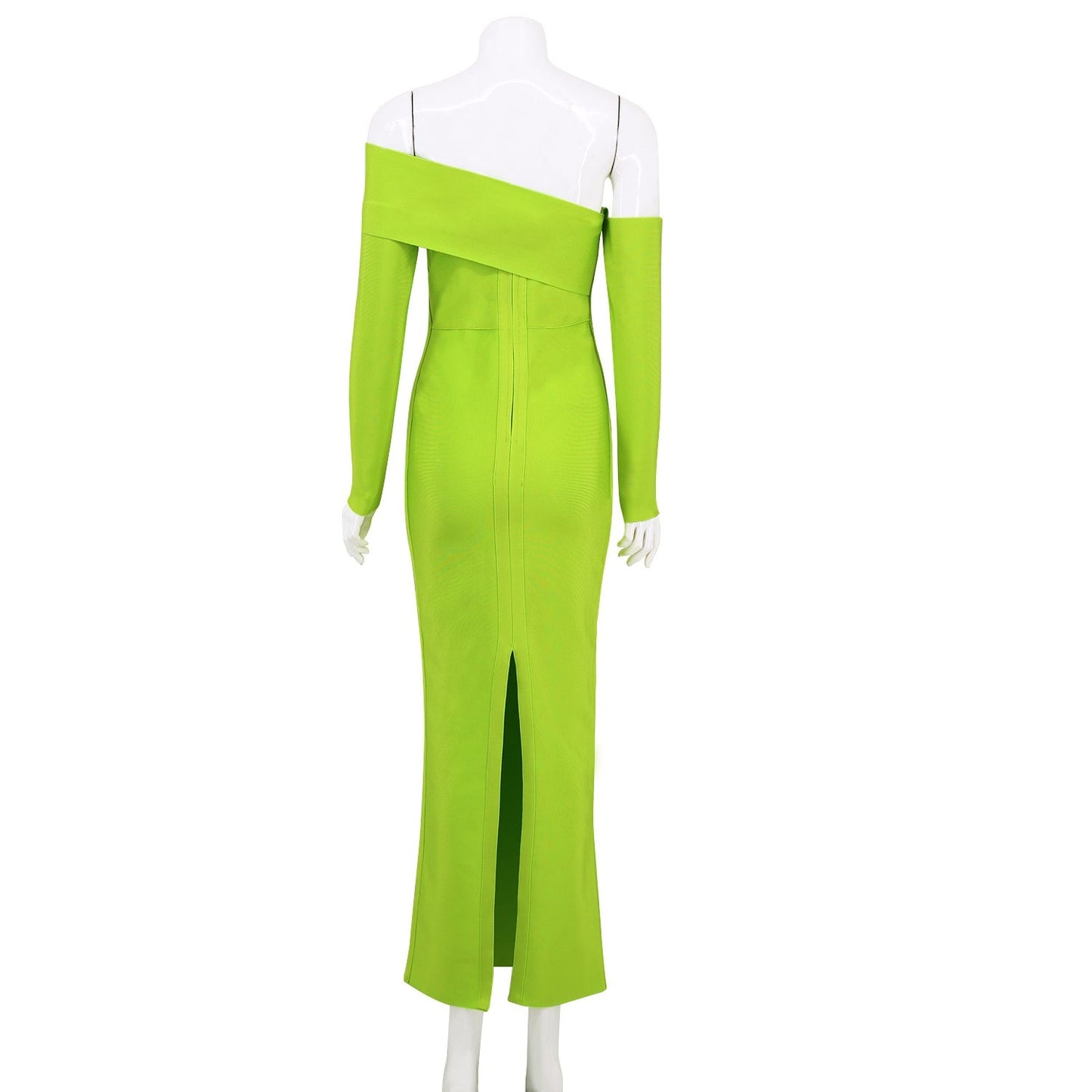 Winnal Fluorescent green off shoulder long sleeves backless bandage skirt back split banquet evening dress
