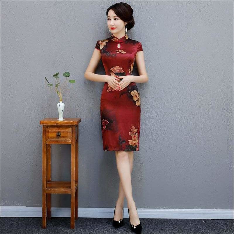 Winnal Knee Length Real Silk Cheongsam Floral Chinese Qipao Dress