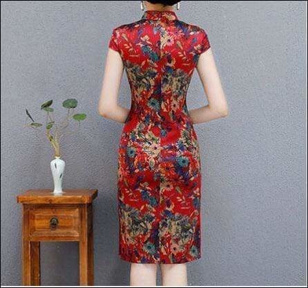 Winnal Knee Length Real Silk Cheongsam Floral Chinese Qipao Dress