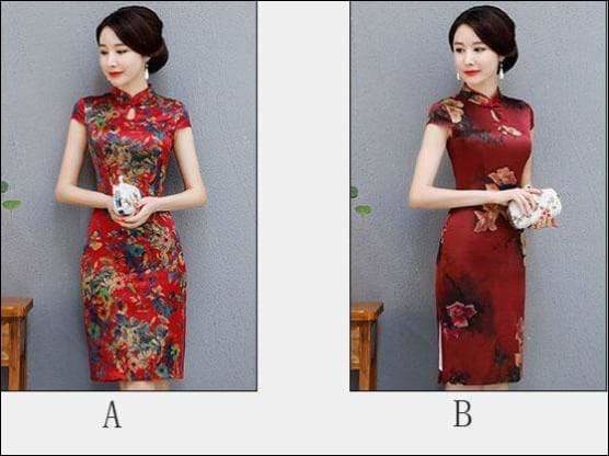 Winnal Knee Length Real Silk Cheongsam Floral Chinese Qipao Dress