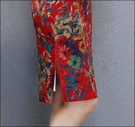 Winnal Knee Length Real Silk Cheongsam Floral Chinese Qipao Dress