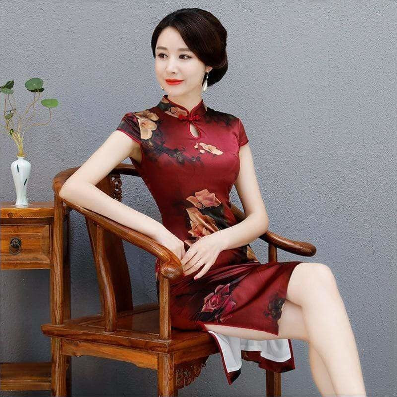 Winnal Knee Length Real Silk Cheongsam Floral Chinese Qipao Dress