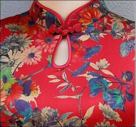 Winnal Knee Length Real Silk Cheongsam Floral Chinese Qipao Dress