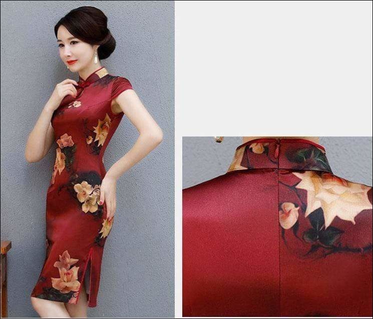 Winnal Knee Length Real Silk Cheongsam Floral Chinese Qipao Dress