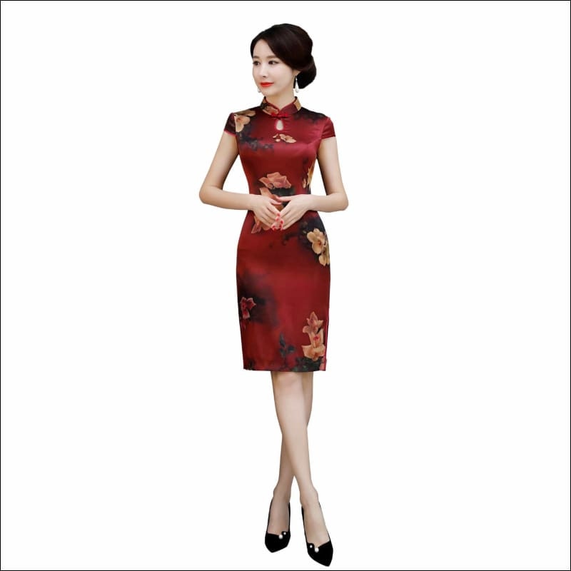 Winnal Knee Length Real Silk Cheongsam Floral Chinese Qipao Dress