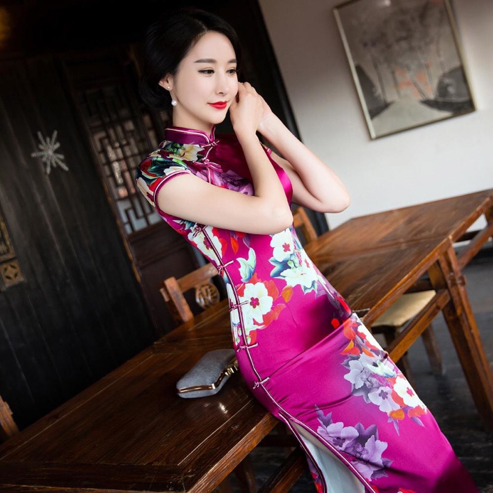 Winnal Long Cheongsam Dress Traditional Chinese Silk Qipao
