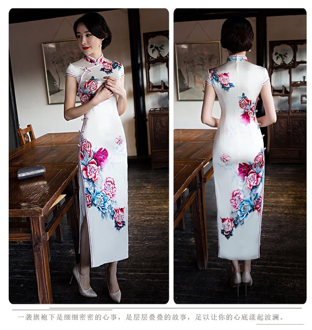 Winnal Long Cheongsam Dress Traditional Chinese Silk Qipao