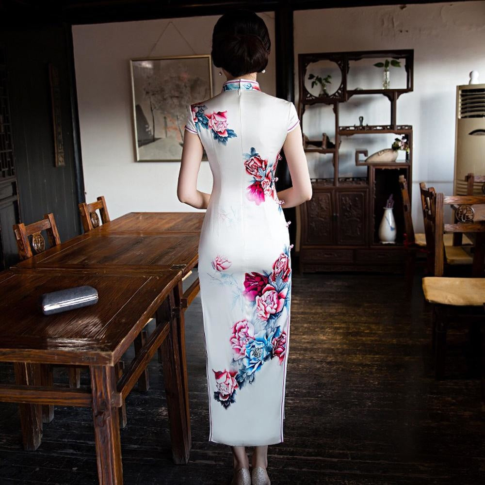 Winnal Long Cheongsam Dress Traditional Chinese Silk Qipao