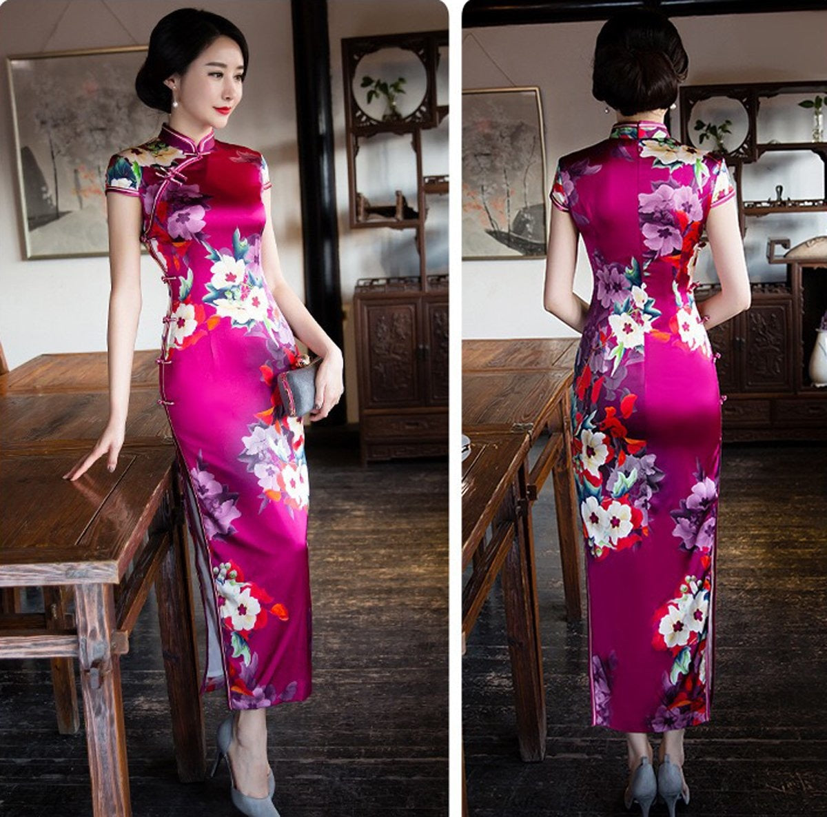 Winnal Long Cheongsam Dress Traditional Chinese Silk Qipao