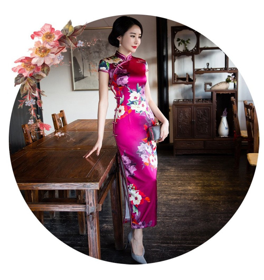 Winnal Long Cheongsam Dress Traditional Chinese Silk Qipao
