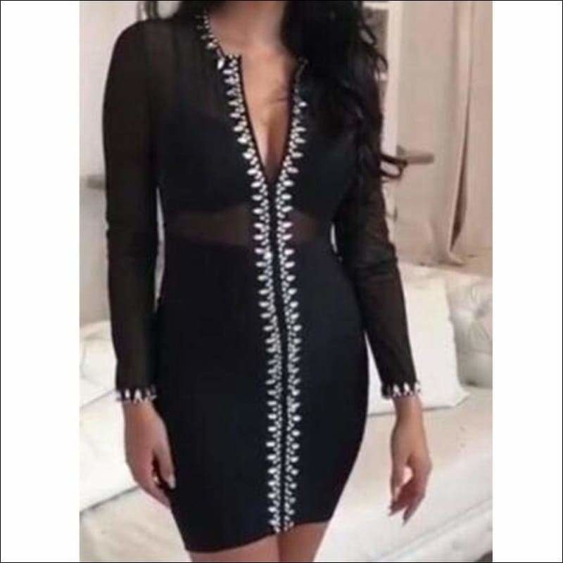 Winnal Long Sleeve Mesh Insert Bandage Dress With Crystal Trimming