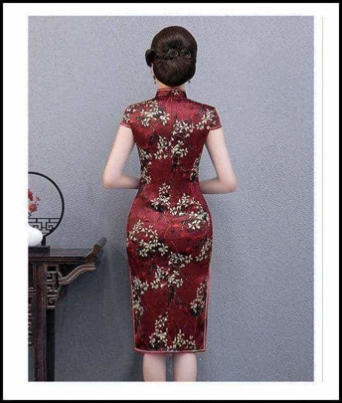 Winnal Real Silk Knee Length Cheongsam Floral Chinese Qipao Dress