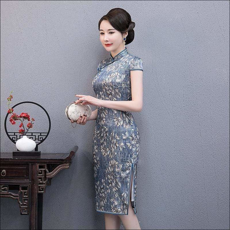 Winnal Real Silk Knee Length Cheongsam Floral Chinese Qipao Dress