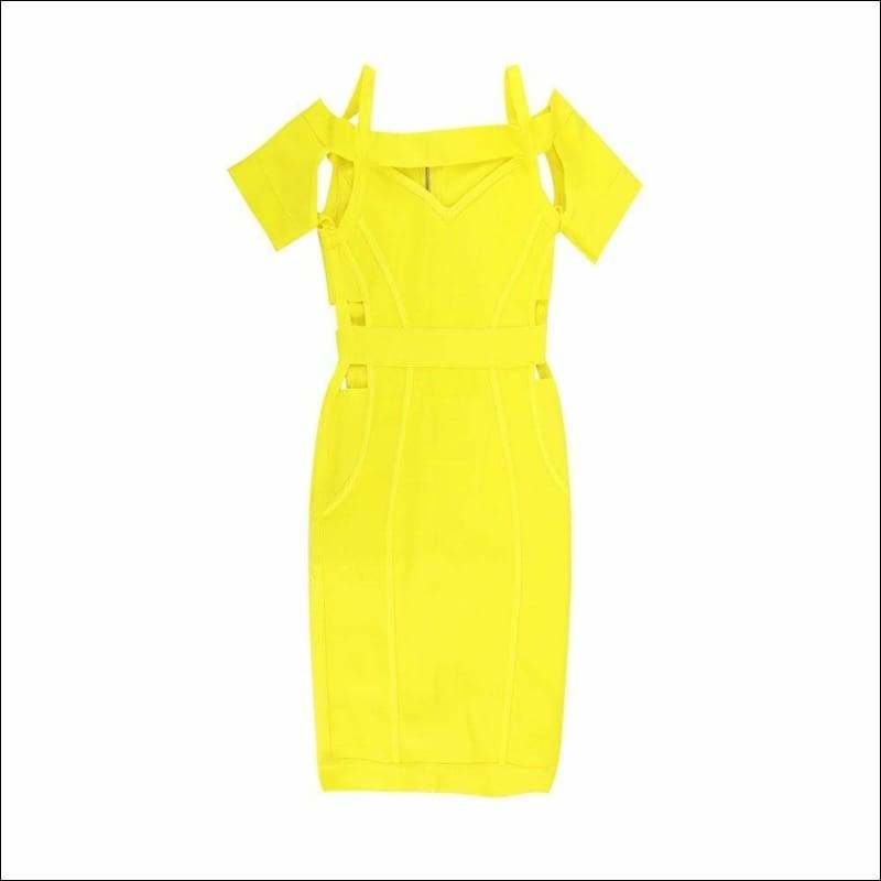 Winnal Round Neck Criss Cross Off Shoulder Short Sleeve Midi Cut Out Yellow Bandage Dress