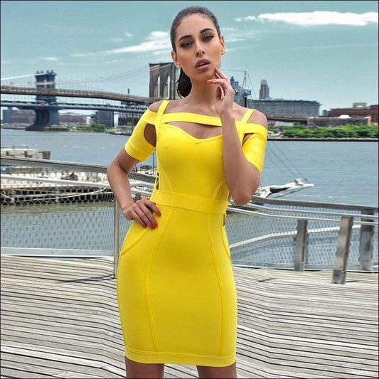 Winnal Round Neck Criss Cross Off Shoulder Short Sleeve Midi Cut Out Yellow Bandage Dress