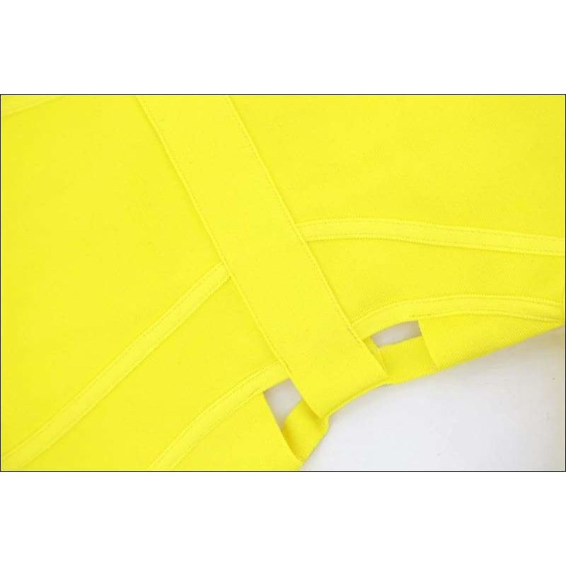 Winnal Round Neck Criss Cross Off Shoulder Short Sleeve Midi Cut Out Yellow Bandage Dress