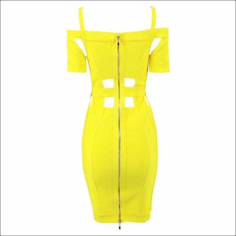 Winnal Round Neck Criss Cross Off Shoulder Short Sleeve Midi Cut Out Yellow Bandage Dress