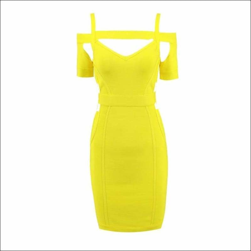 Winnal Round Neck Criss Cross Off Shoulder Short Sleeve Midi Cut Out Yellow Bandage Dress