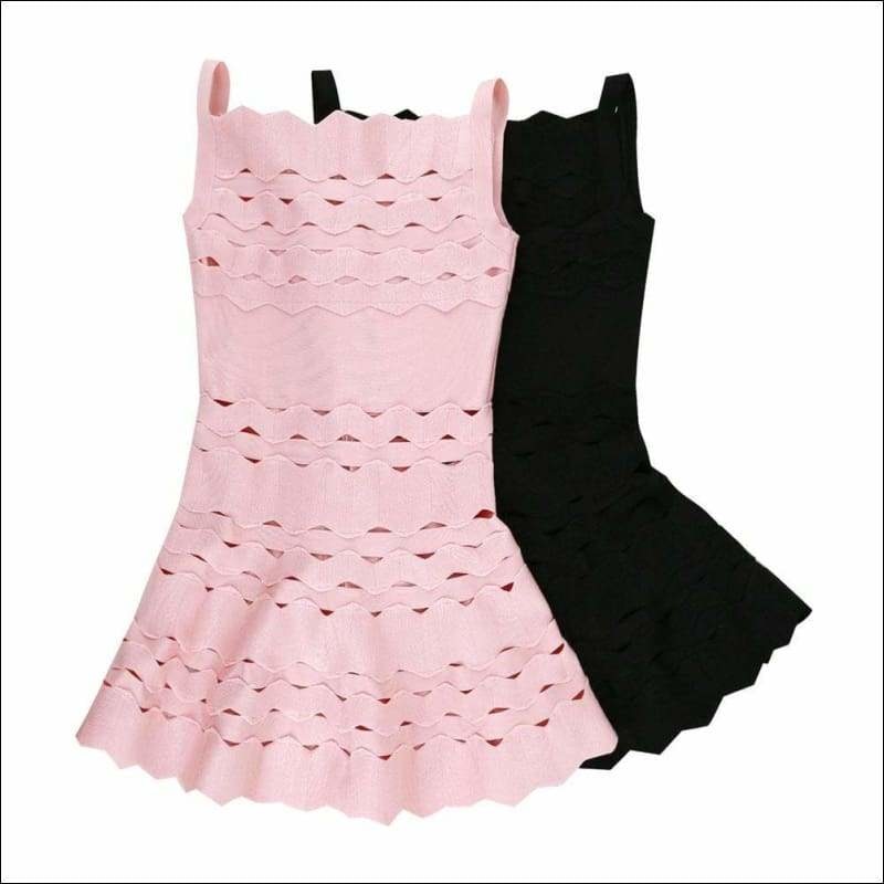 Winnal Scalloped strips shoulder Hollow out body fit and flare dress