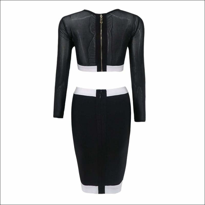 Winnal Sexy Long Sleeve Transparent Top Skirt 2pcs Set Patchwork Bodycon Celebrity Bandage Slim Cut Clubwear