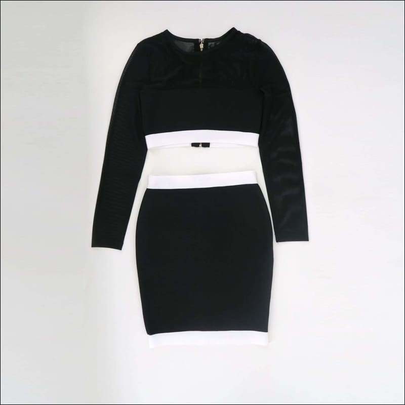 Winnal Sexy Long Sleeve Transparent Top Skirt 2pcs Set Patchwork Bodycon Celebrity Bandage Slim Cut Clubwear