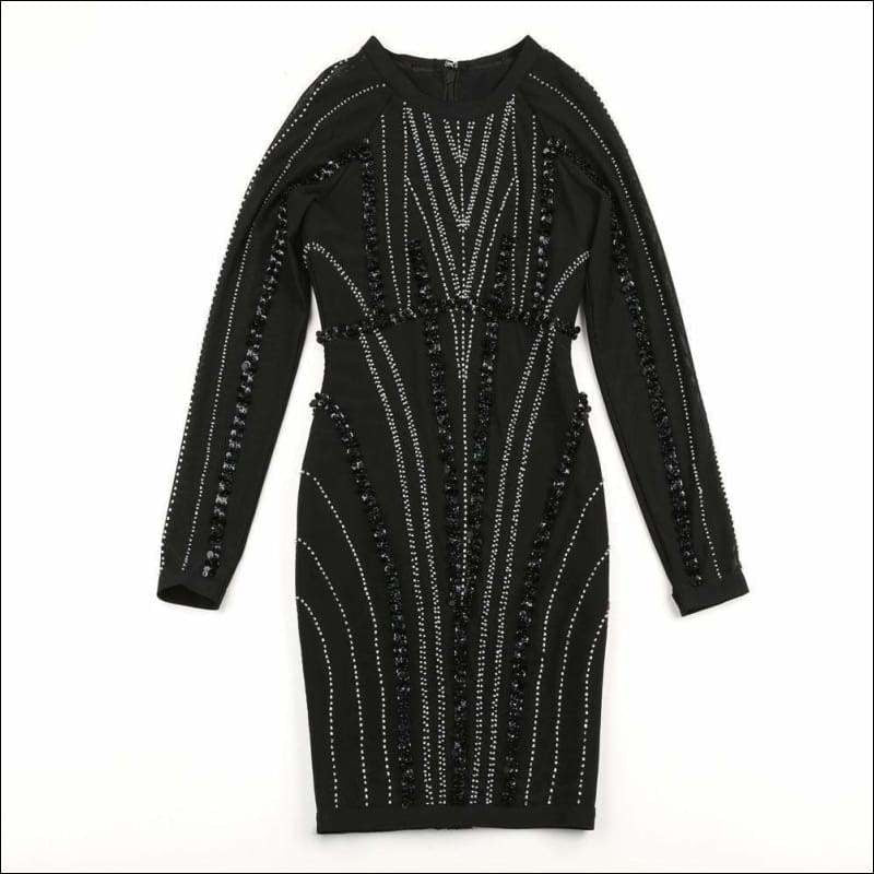 Winnal Sexy Mesh Spicing Long Sleeve Round Neck Bodycon Dress With Hand Made Pearl Beading Overall