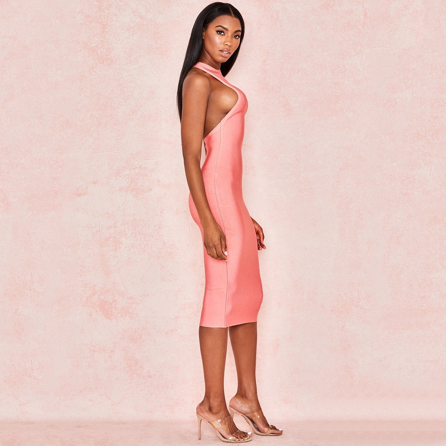 Winnal Sexy Women Pink Bandage Dress Halter Midi Bodycon Rayon