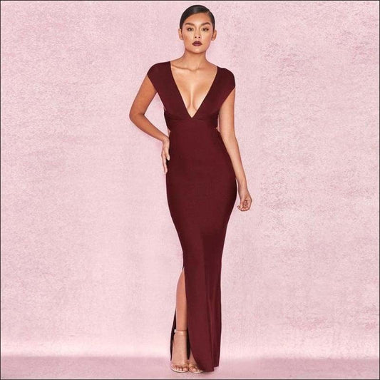 Winnal Sleevelee V-Neck Backless Long Bodycon Dress With Side Open