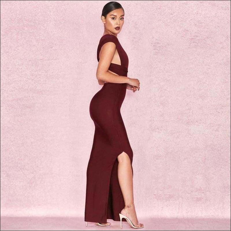 Winnal Sleevelee V-Neck Backless Long Bodycon Dress With Side Open
