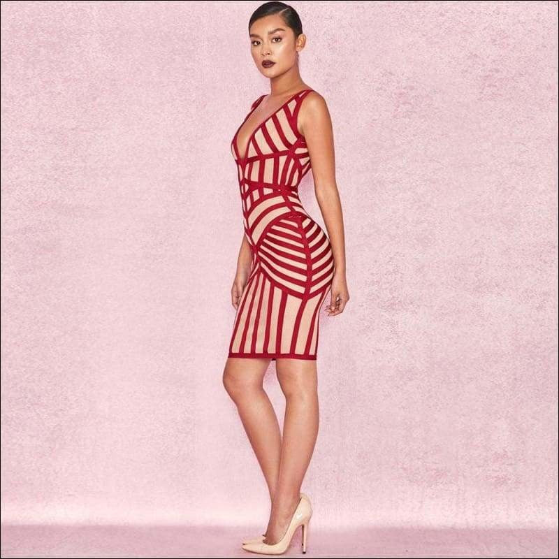 Winnal Sleeveless V-Neck Backless Short Stripe Bodycon Dress