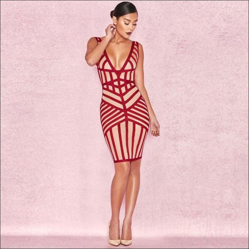 Winnal Sleeveless V-Neck Backless Short Stripe Bodycon Dress