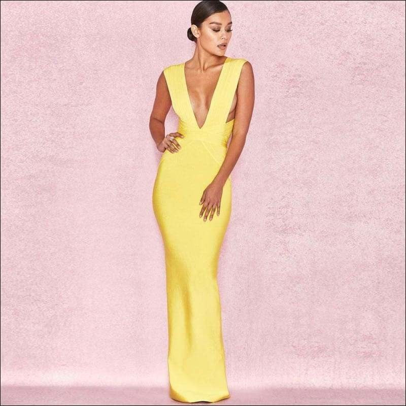 Winnal Sleeveless V-Neck Bright Yellow Long Bodycon Dress