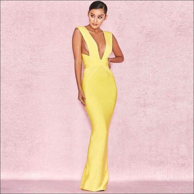 Winnal Sleeveless V-Neck Bright Yellow Long Bodycon Dress