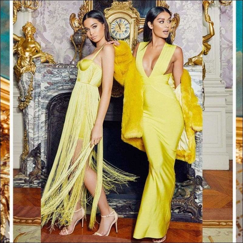 Winnal Sleeveless V-Neck Bright Yellow Long Bodycon Dress