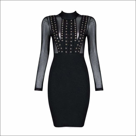 Winnal Transarent Long Sleeve Studded Party Bandage Dress With Mesh Top