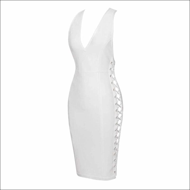 Winnal White Bodycon Dress with Deep V Neck Side Loop Sexy Party Holiday