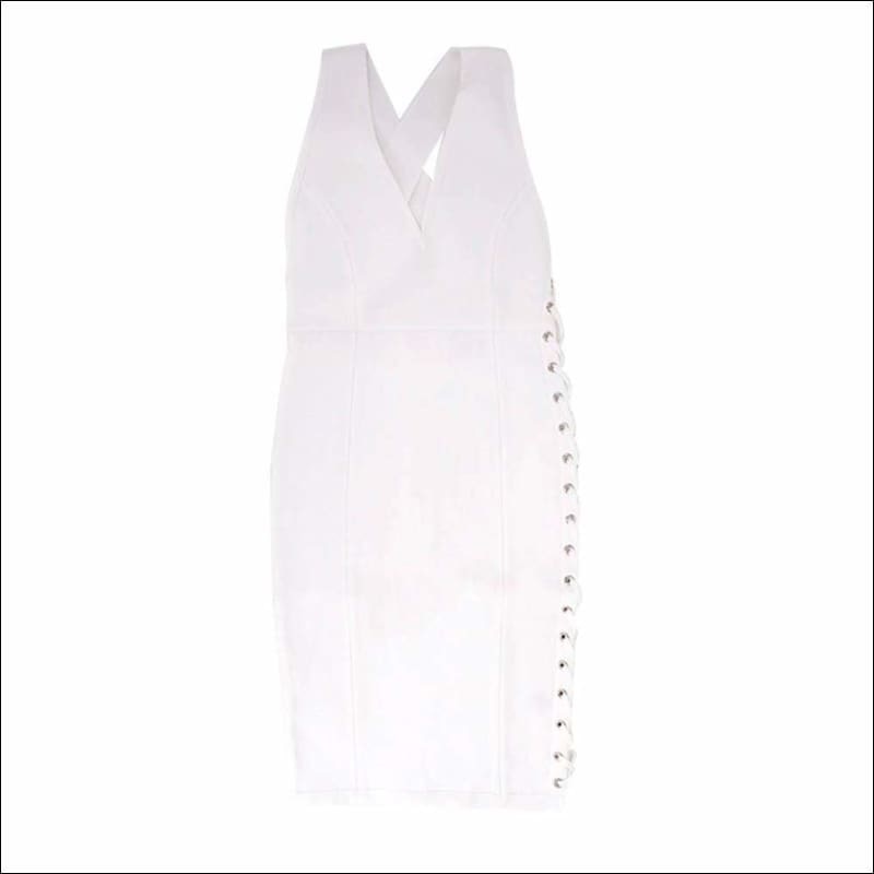 Winnal White Bodycon Dress with Deep V Neck Side Loop Sexy Party Holiday