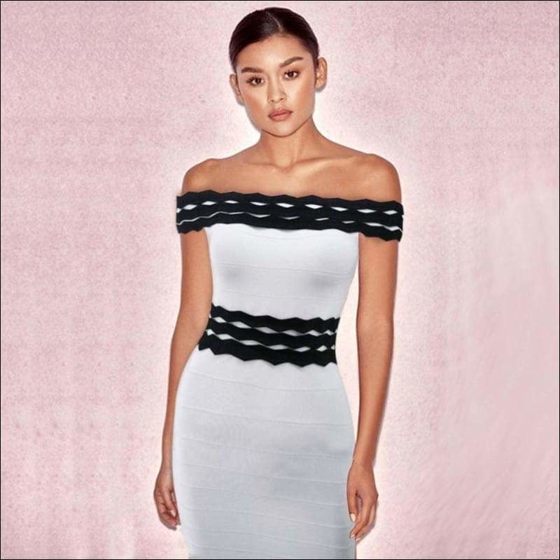 Winnal Women Black And White Contrast Wave Stripe Off Shoulder Ruffles Bodycon Midi Dress