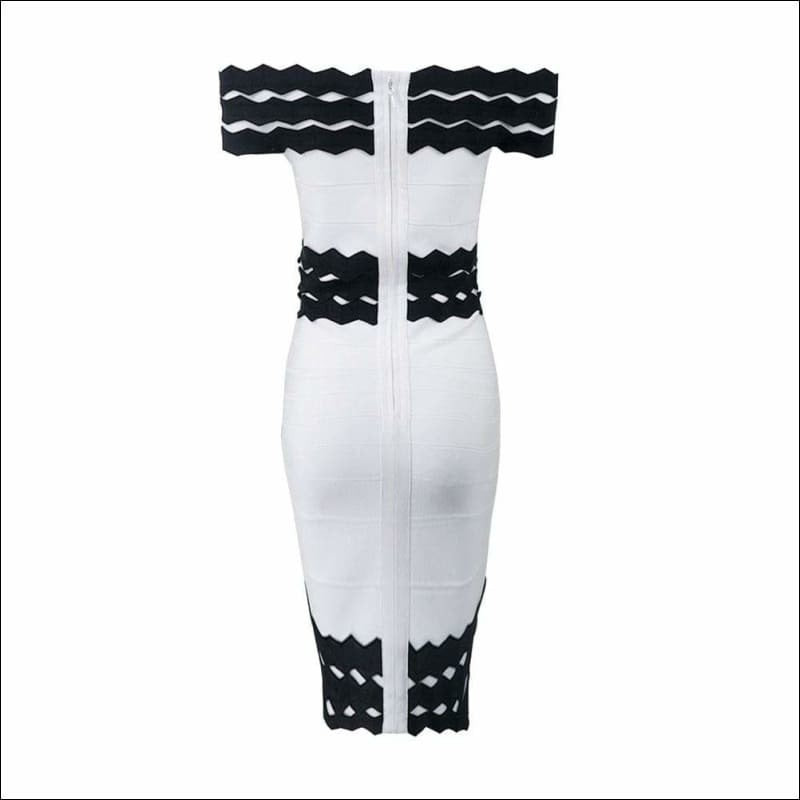 Winnal Women Black And White Contrast Wave Stripe Off Shoulder Ruffles Bodycon Midi Dress