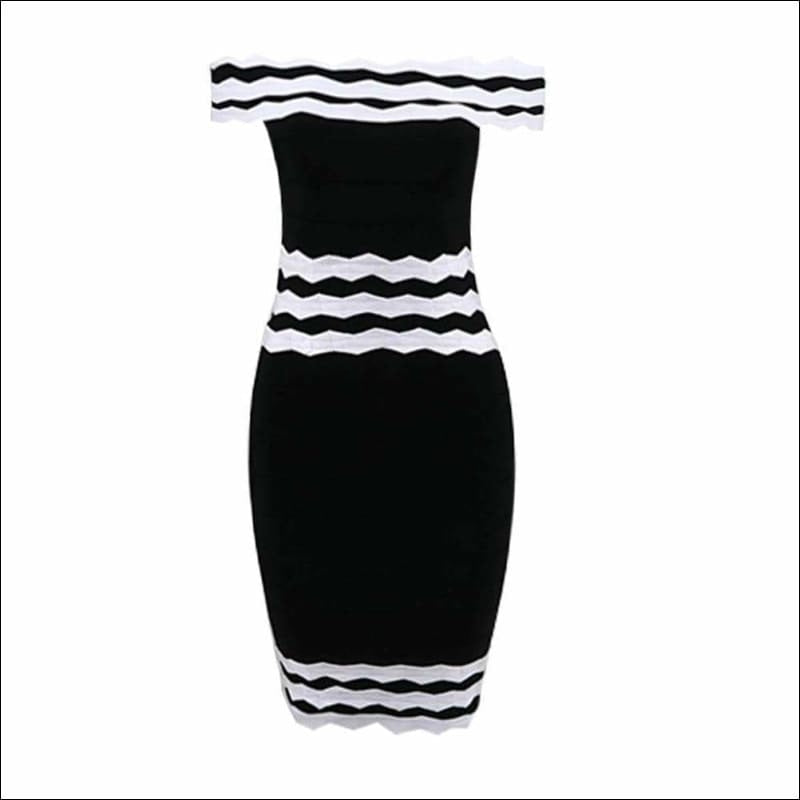 Winnal Women Black And White Contrast Wave Stripe Off Shoulder Ruffles Bodycon Midi Dress