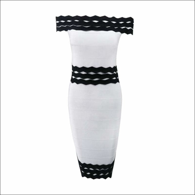 Winnal Women Black And White Contrast Wave Stripe Off Shoulder Ruffles Bodycon Midi Dress