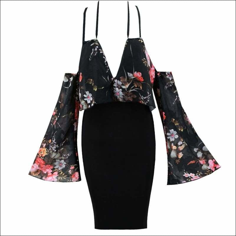 Winnal Women’s Black Floral Strappy Printed Tops Plunging Bodycon Midi Dress